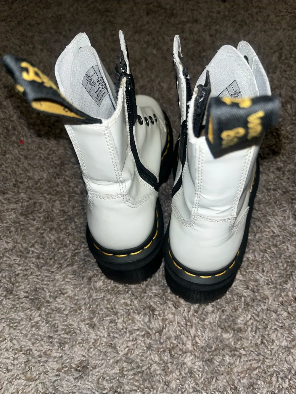 Dr. Martens White 8-Eye Lace-Up Combat Boots with Yellow Stitching